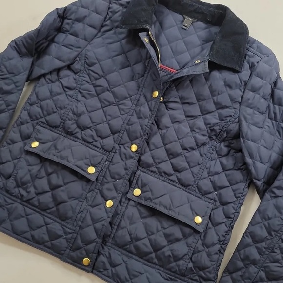 J Crew Quilted Puffer Down Jacket Womens Sz XS Corduroy Collar Navy Blue Gold - Picture 8 of 13